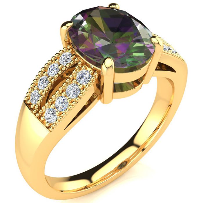2-1/3 Carat Oval Shape Mystic Topaz Ring With Diamonds In 14 Karat Yellow Gold