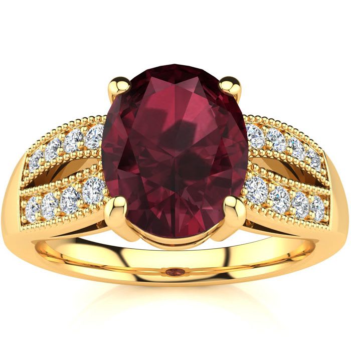 Garnet Ring: Garnet Jewelry: 2 Carat Oval Shape Garnet and Diamond Ring In 14 Karat Yellow Gold