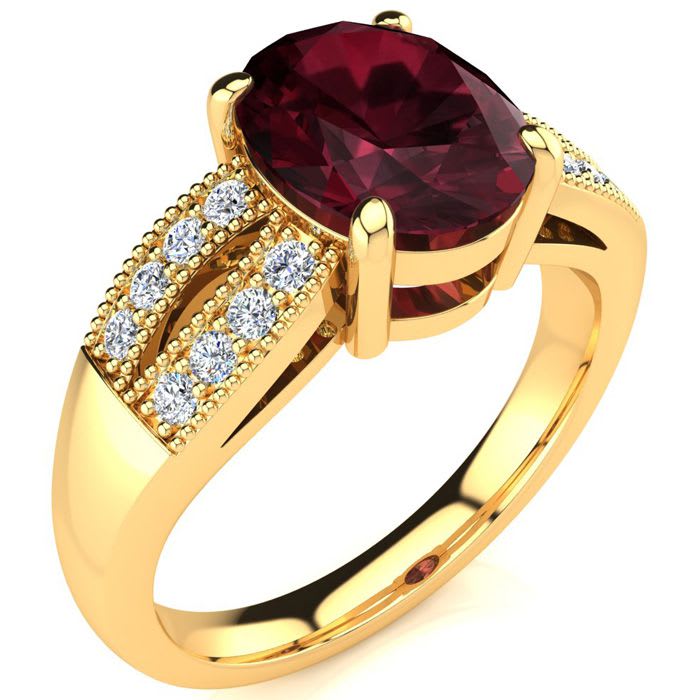Garnet Ring: Garnet Jewelry: 2 Carat Oval Shape Garnet and Diamond Ring In 14 Karat Yellow Gold