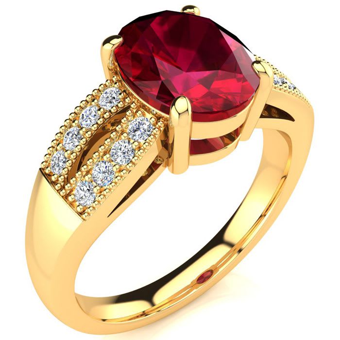 3 Carat Oval Shape Ruby and Diamond Ring In 14 Karat Yellow Gold