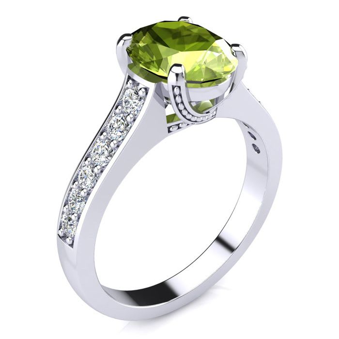 2 Carat Oval Shape Peridot and Diamond Ring In 14 Karat White Gold