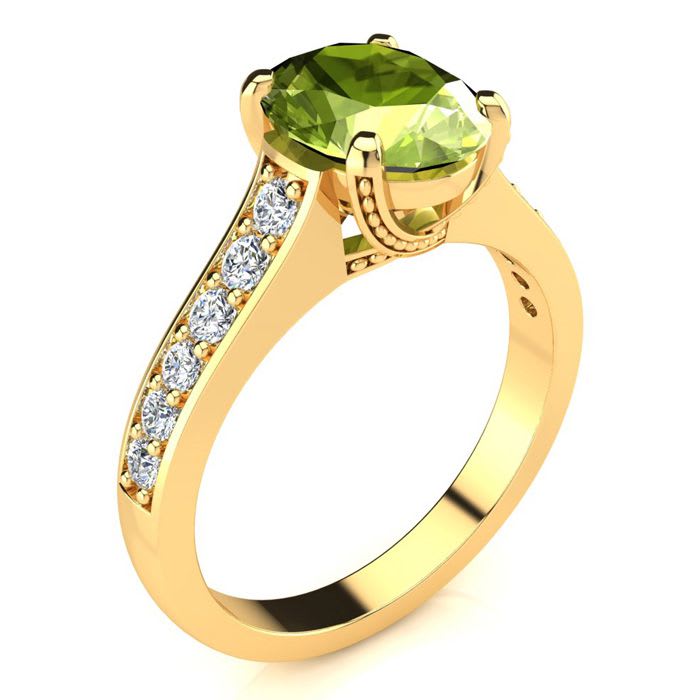 2 Carat Oval Shape Peridot and Diamond Ring In 14 Karat Yellow Gold