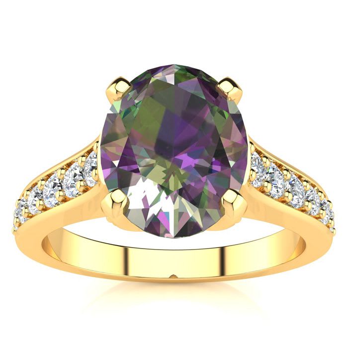 2-1/2 Carat Oval Shape Mystic Topaz Ring and Diamonds In 14 Karat Yellow Gold