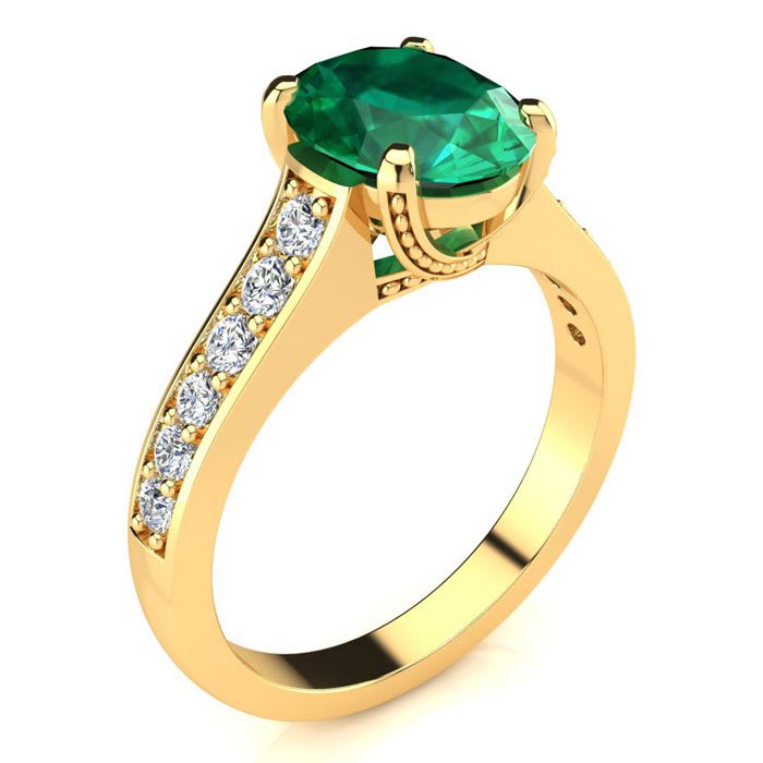 2 1/4 Carat Oval Shape Emerald and Diamond Ring In 14 Karat Yellow Gold
