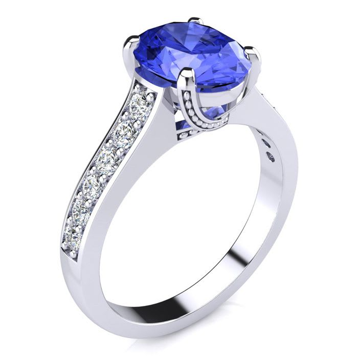 2 1/4 Carat Oval Shape Tanzanite and Diamond Ring In 14 Karat White Gold