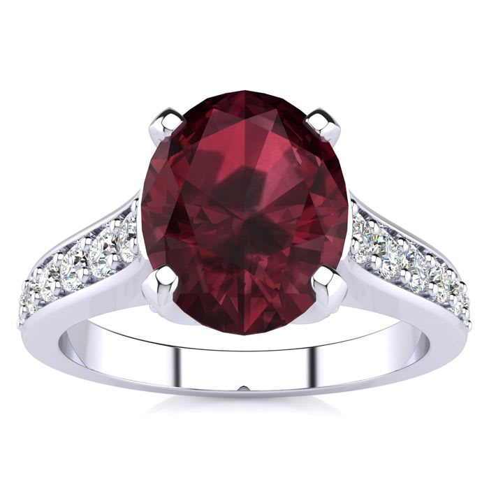 Garnet Ring: Garnet Jewelry: 2 1/3 Carat Oval Shape Garnet and Diamond Ring In 14 Karat White Gold