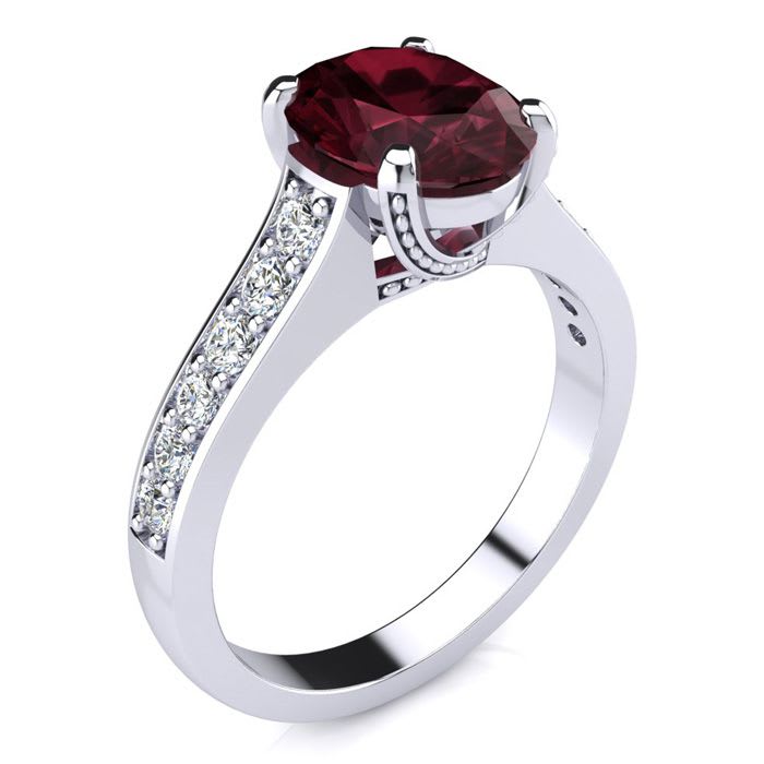 Garnet Ring: Garnet Jewelry: 2 1/3 Carat Oval Shape Garnet and Diamond Ring In 14 Karat White Gold