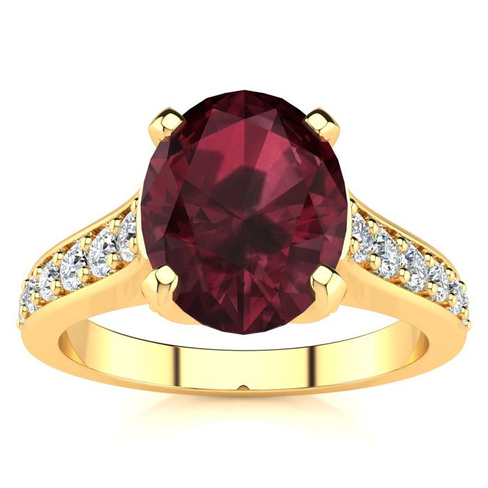 Garnet Ring: Garnet Jewelry: 2 1/3 Carat Oval Shape Garnet and Diamond Ring In 14 Karat Yellow Gold