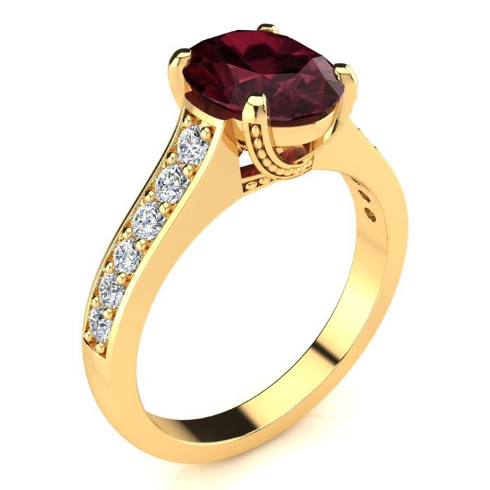 Garnet Ring: Garnet Jewelry: 2 1/3 Carat Oval Shape Garnet and Diamond Ring In 14 Karat Yellow Gold