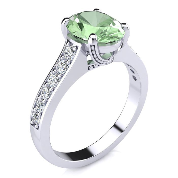 2 Carat Oval Shape Green Amethyst and Diamond Ring In 14 Karat White Gold