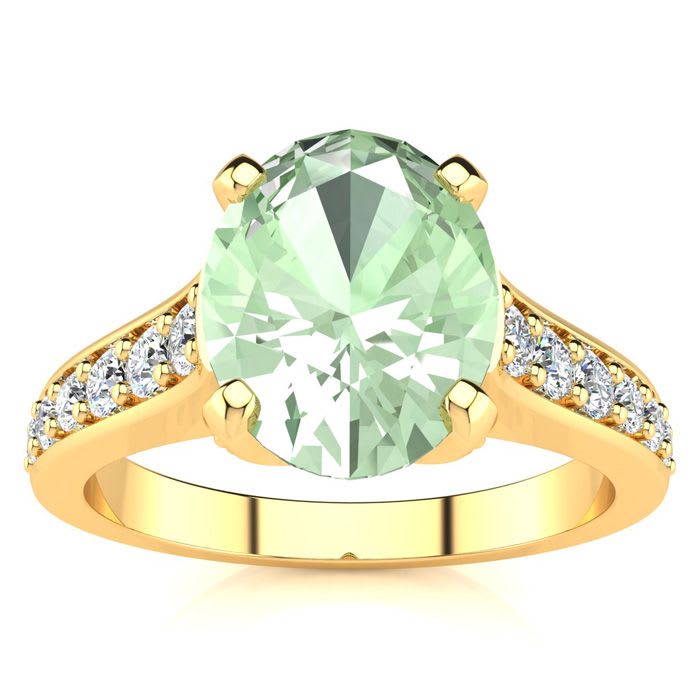 2 Carat Oval Shape Green Amethyst and Diamond Ring In 14 Karat Yellow Gold