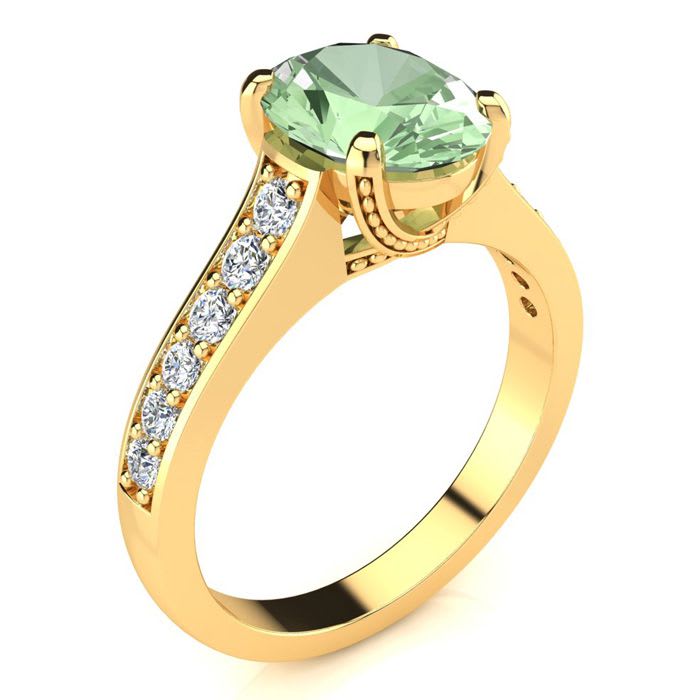 2 Carat Oval Shape Green Amethyst and Diamond Ring In 14 Karat Yellow Gold