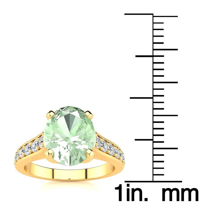 2 Carat Oval Shape Green Amethyst and Diamond Ring In 14 Karat Yellow Gold