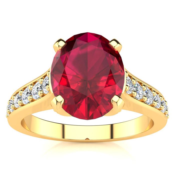 3 Carat Oval Shape Ruby and Diamond Ring In 14 Karat Yellow Gold
