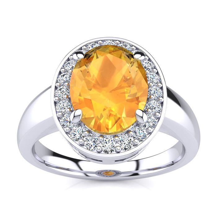1 3/4 Carat Oval Shape Citrine and Halo Diamond Ring In 14 Karat White Gold