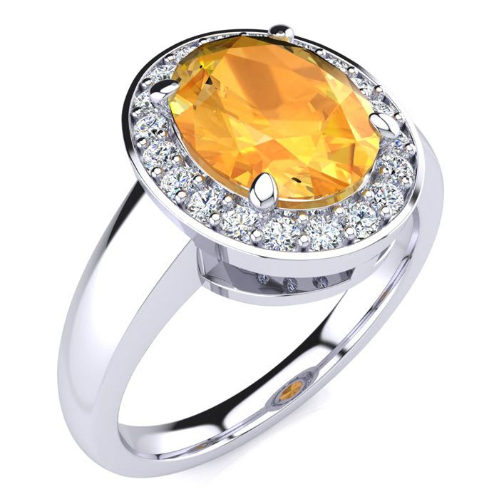 1 3/4 Carat Oval Shape Citrine and Halo Diamond Ring In 14 Karat White Gold