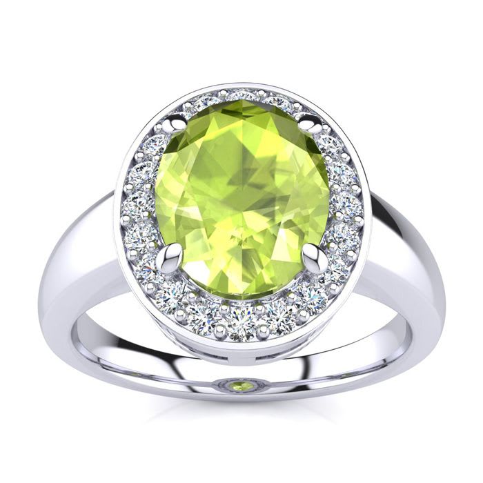 2 Carat Oval Shape Peridot and Halo Diamond Ring In 14 Karat White Gold