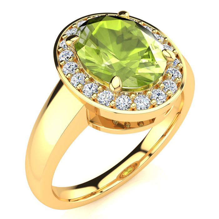 2 Carat Oval Shape Peridot and Halo Diamond Ring In 14 Karat Yellow Gold