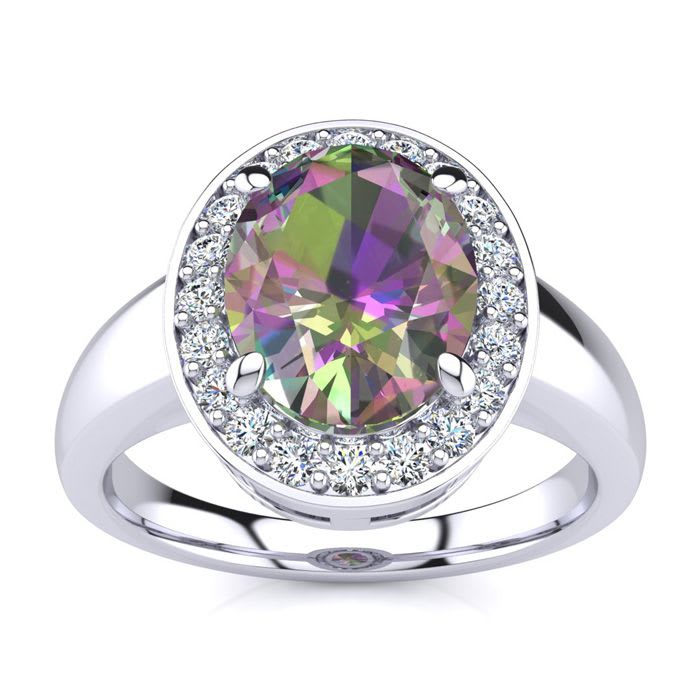 2-1/3 Carat Oval Shape Mystic Topaz Ring With Diamond Halo In 14 Karat White Gold