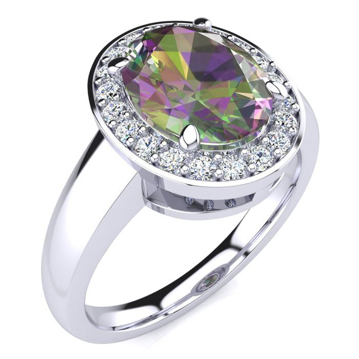 2-1/3 Carat Oval Shape Mystic Topaz Ring With Diamond Halo In 14 Karat White Gold