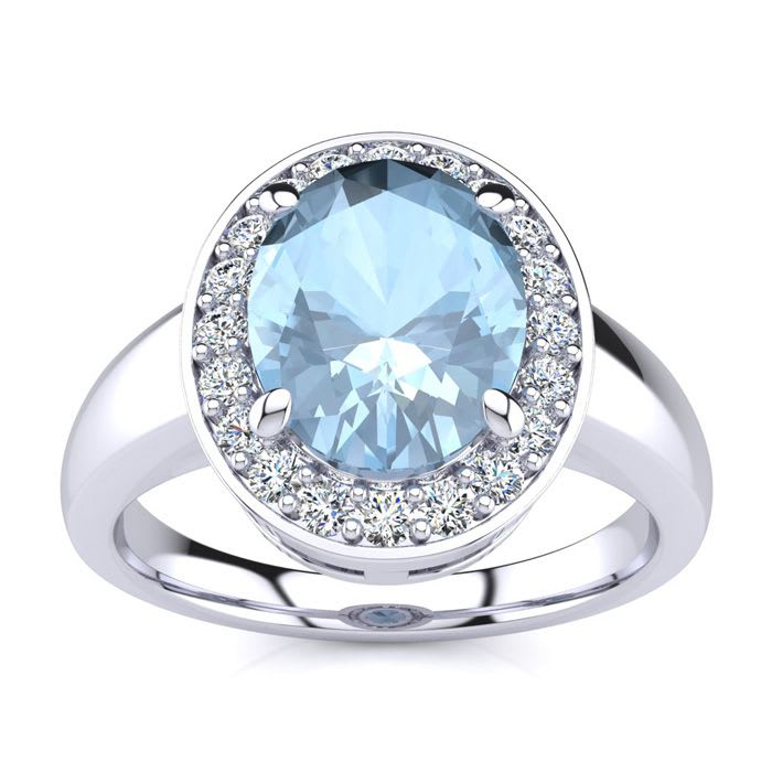 Aquamarine Ring: Aquamarine Jewelry: 2 Carat Oval Shape Aquamarine and Halo Diamond Ring In 14 Karat White Gold