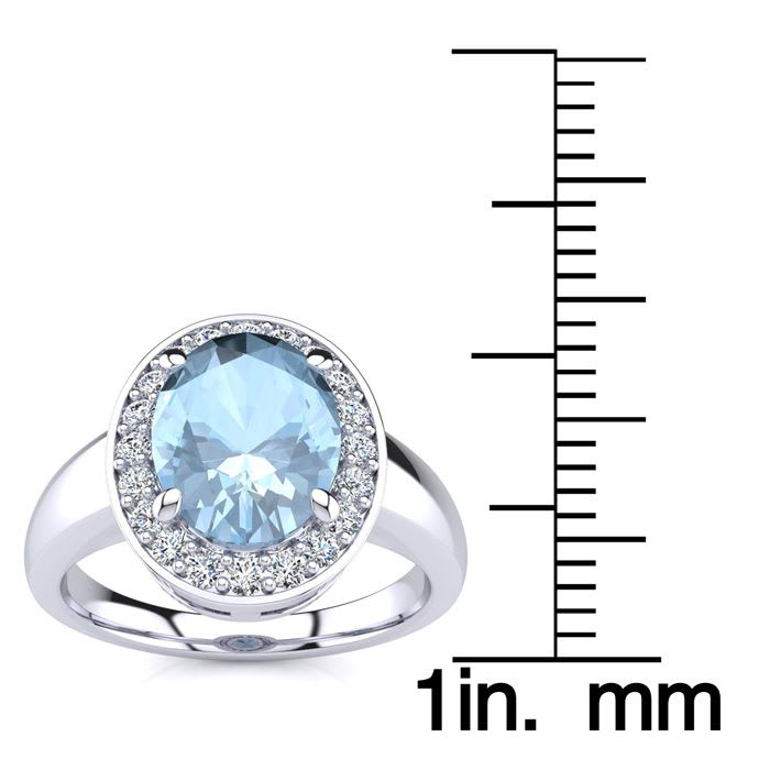 Aquamarine Ring: Aquamarine Jewelry: 2 Carat Oval Shape Aquamarine and Halo Diamond Ring In 14 Karat White Gold