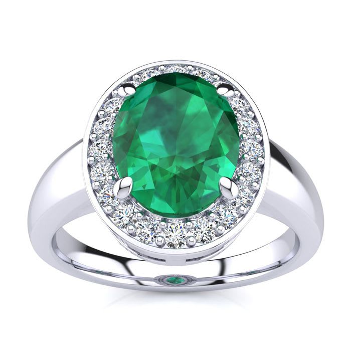 2 Carat Oval Shape Emerald and Halo Diamond Ring In 14 Karat White Gold