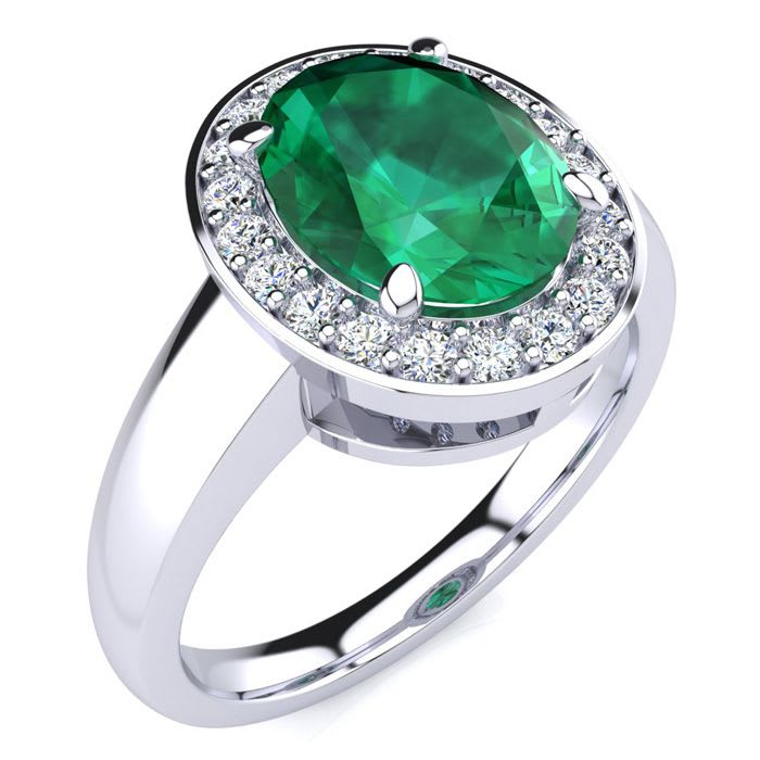 2 Carat Oval Shape Emerald and Halo Diamond Ring In 14 Karat White Gold