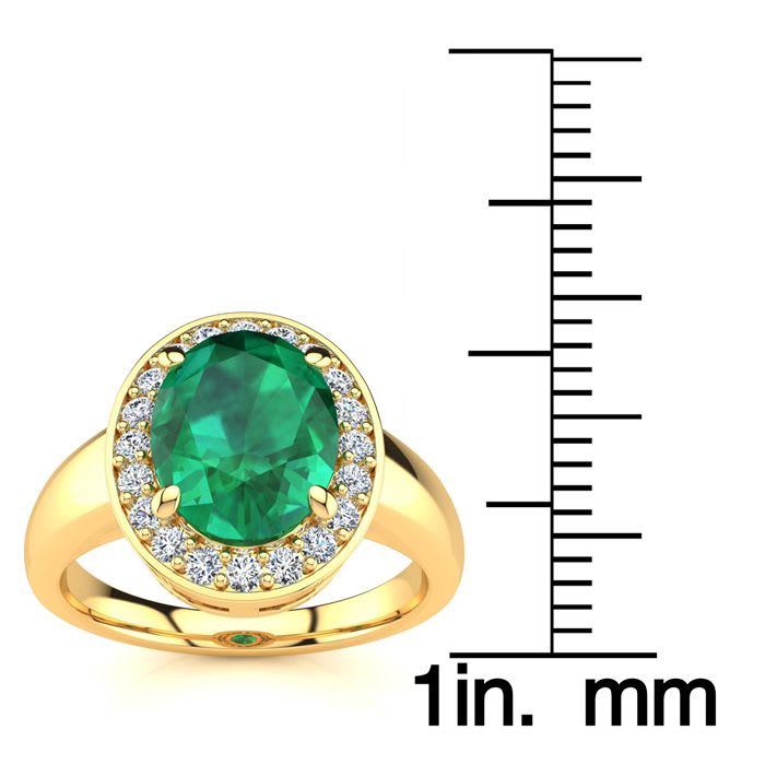 2 Carat Oval Shape Emerald and Halo Diamond Ring In 14 Karat Yellow Gold