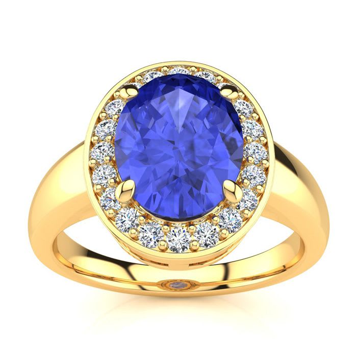 2 Carat Oval Shape Tanzanite and Halo Diamond Ring In 14 Karat Yellow Gold