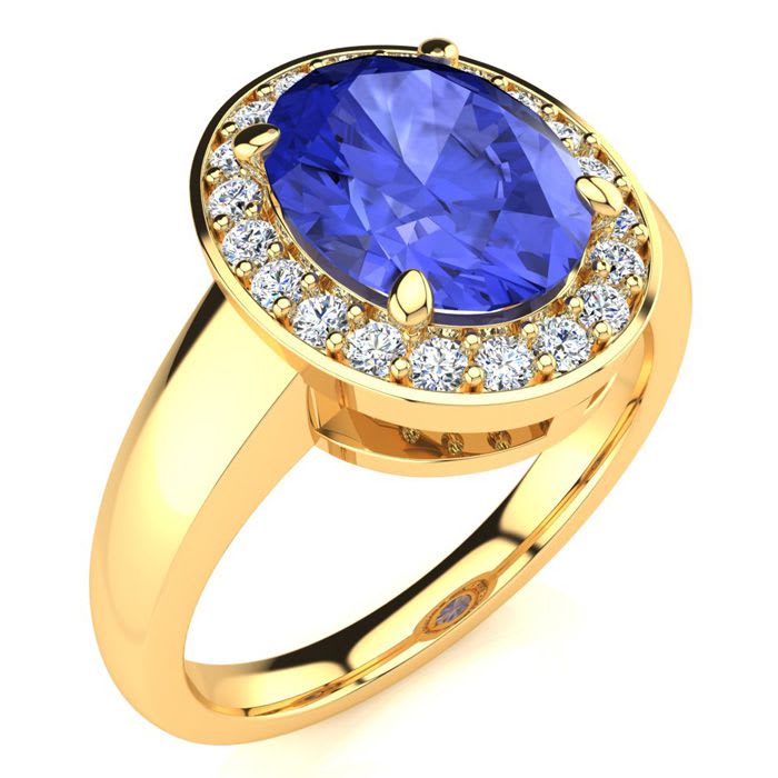 2 Carat Oval Shape Tanzanite and Halo Diamond Ring In 14 Karat Yellow Gold