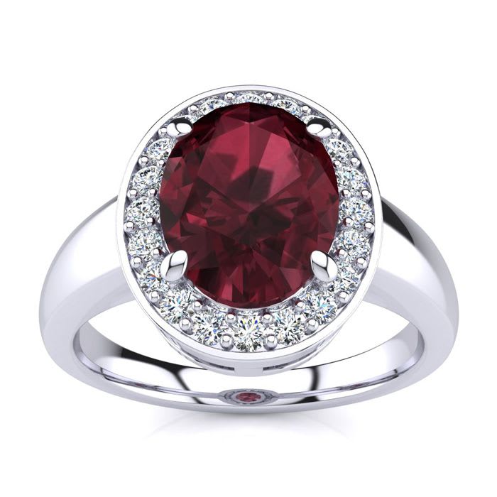 Garnet Ring: Garnet Jewelry: 2 1/5 Carat Oval Shape Garnet and Halo Diamond Ring In 14 Karat White Gold