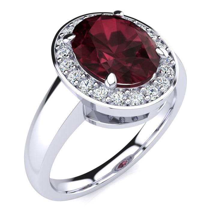 Garnet Ring: Garnet Jewelry: 2 1/5 Carat Oval Shape Garnet and Halo Diamond Ring In 14 Karat White Gold