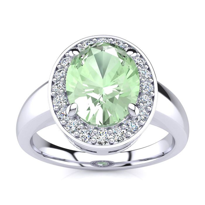 1 3/4 Carat Oval Shape Green Amethyst and Halo Diamond Ring In 14 Karat White Gold