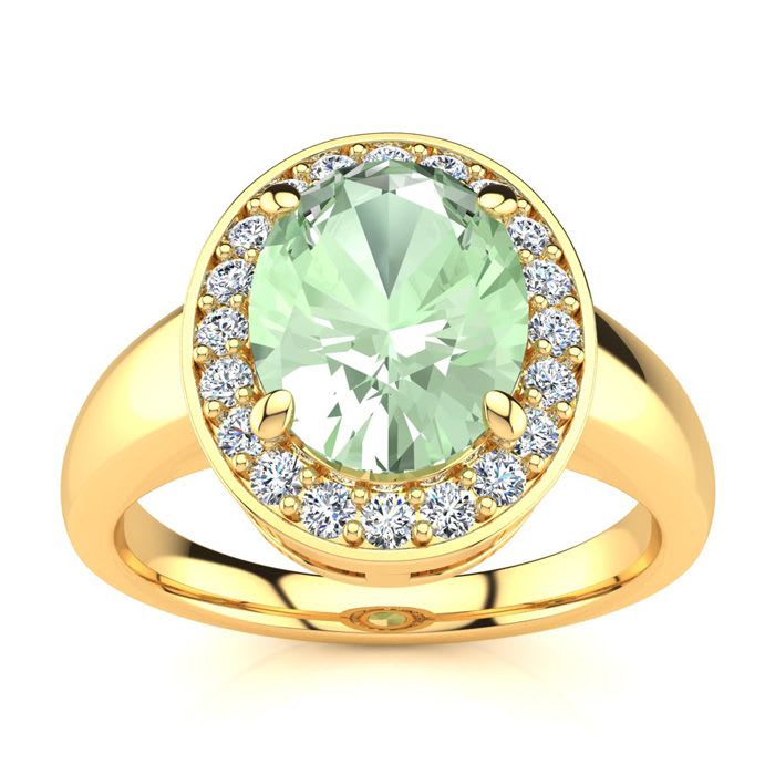 1 3/4 Carat Oval Shape Green Amethyst and Halo Diamond Ring In 14 Karat Yellow Gold