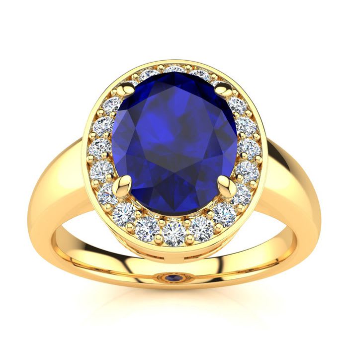 3 Carat Oval Shape Sapphire and Halo Diamond Ring In 14 Karat Yellow Gold