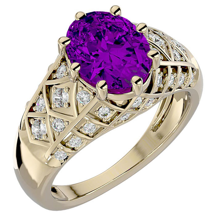 2 3/4 Carat Oval Shape Amethyst and Diamond Ring In 10 Karat Yellow Gold