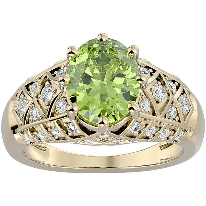 3 Carat Oval Shape Peridot and Diamond Ring In 10 Karat Yellow Gold