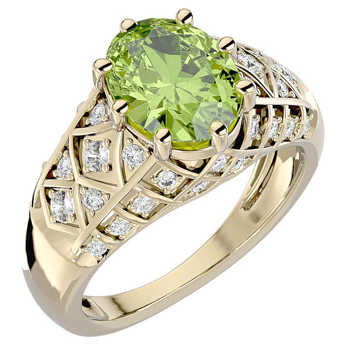 3 Carat Oval Shape Peridot and Diamond Ring In 10 Karat Yellow Gold