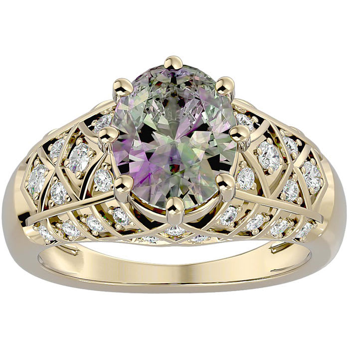 2-3/4 Carat Oval Shape Mystic Topaz Ring With Diamonds In 10 Karat Yellow Gold