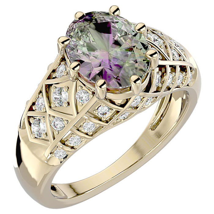 2-3/4 Carat Oval Shape Mystic Topaz Ring With Diamonds In 10 Karat Yellow Gold