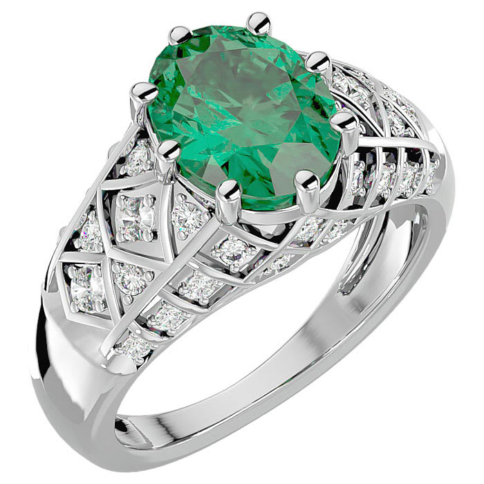 2 1/2 Carat Oval Shape Emerald and Diamond Ring In 10 Karat White Gold