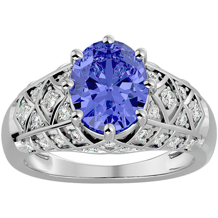 2 3/4 Carat Oval Shape Tanzanite and Diamond Ring In 10 Karat White Gold