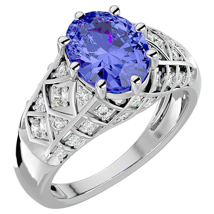 2 3/4 Carat Oval Shape Tanzanite and Diamond Ring In 10 Karat White Gold