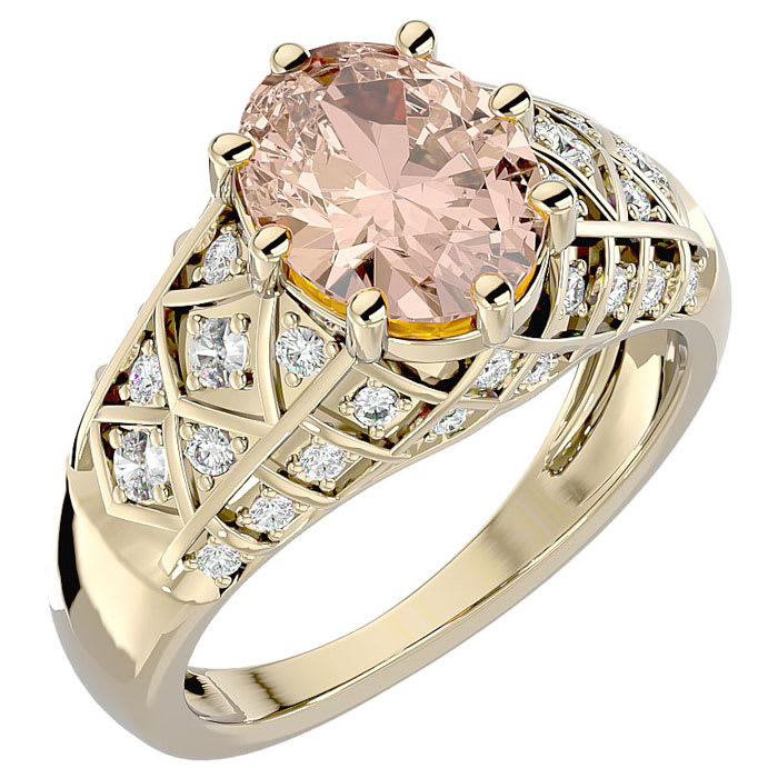 2-1/2 Carat Oval Shape Morganite and Diamond Ring In 10 Karat Yellow Gold