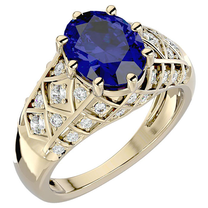 3 1/2 Carat Oval Shape Sapphire and Diamond Ring In 10 Karat Yellow Gold