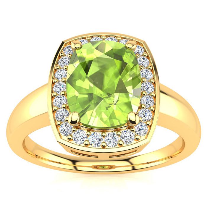 2 2/3 Carat Cushion Cut Peridot and Halo Diamond Ring In 14 Karat Yellow Gold