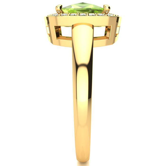 2 2/3 Carat Cushion Cut Peridot and Halo Diamond Ring In 14 Karat Yellow Gold