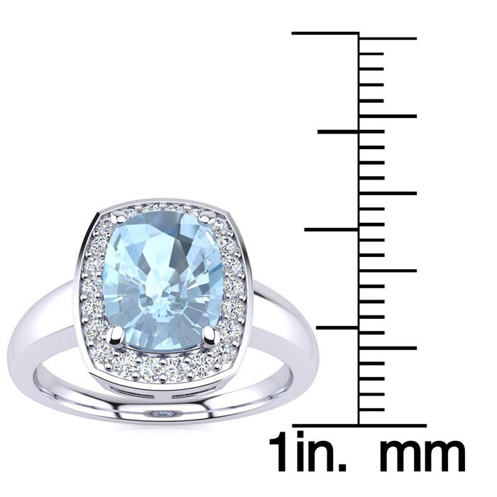 Aquamarine Ring: Aquamarine Jewelry: 2 1/3 Carat Cushion Cut Aquamarine and Halo Diamond Ring In 14 Karat White Gold