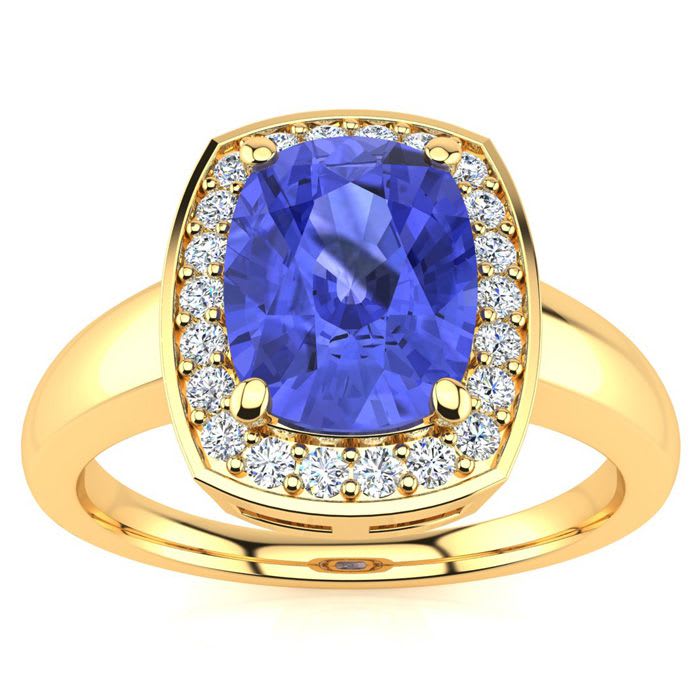 2 1/2 Carat Cushion Cut Tanzanite and Halo Diamond Ring In 14 Karat Yellow Gold